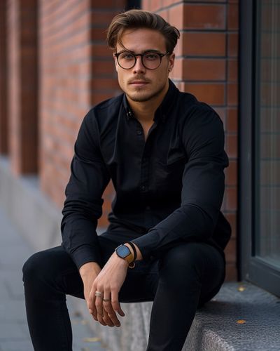 Schwarzes Hemd mit Brille